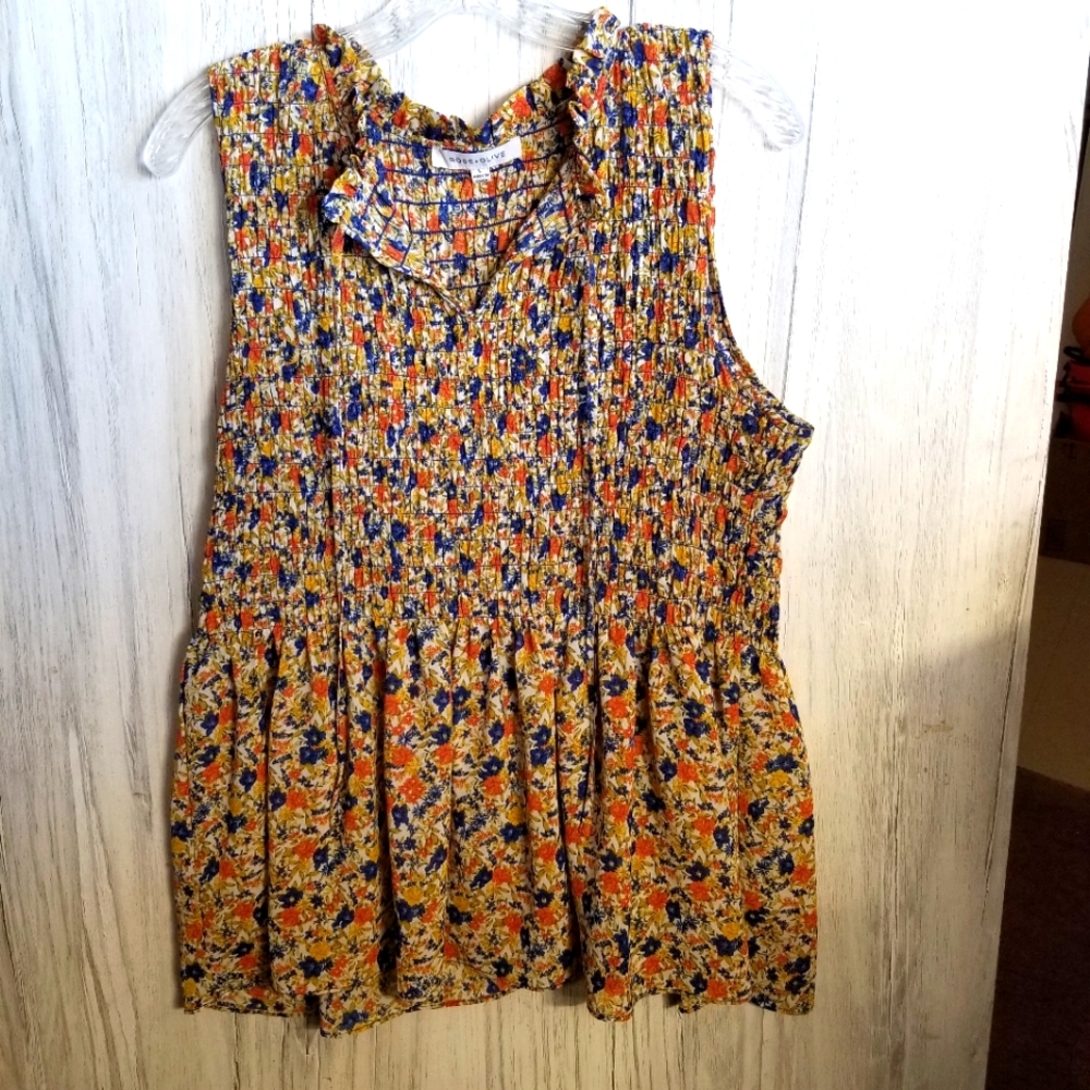Rose + Olive Sleeveless Smocked Polyester Peplum Blouse Women's Sz Large